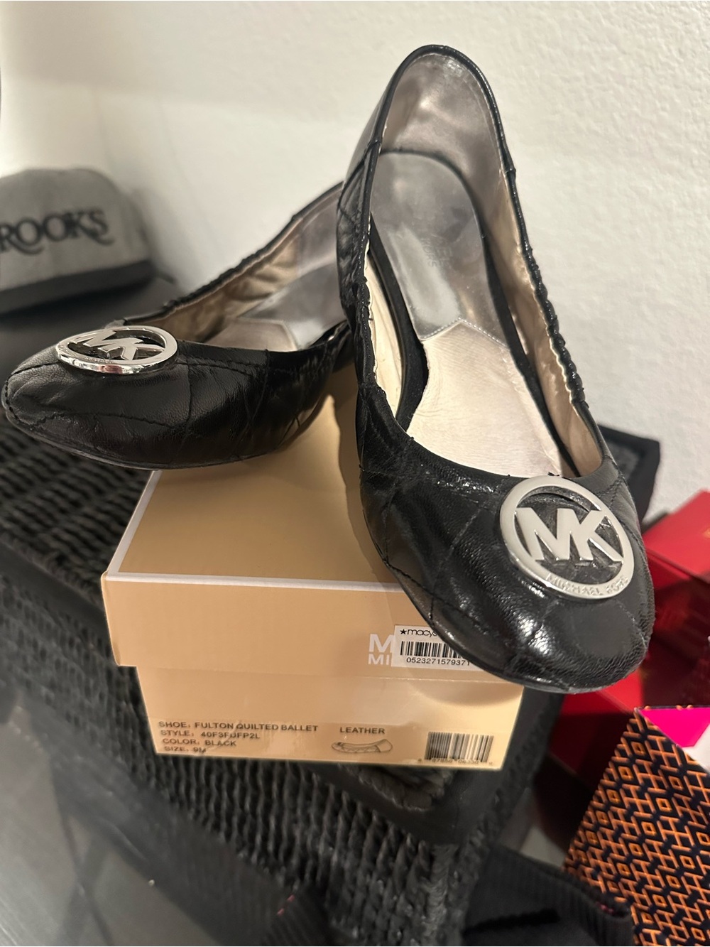 Macy's Black Quilted Leather Ballet Flats with Silver MK Emblem